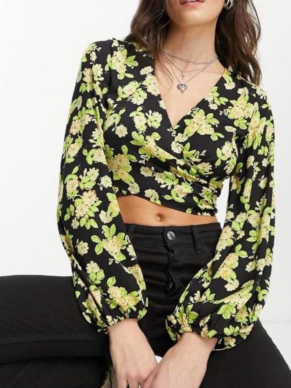 Mango Floral Wrap Crop Top - Black & Lime